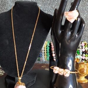 Raw Pink Quartz Goldtone Jewelry Set